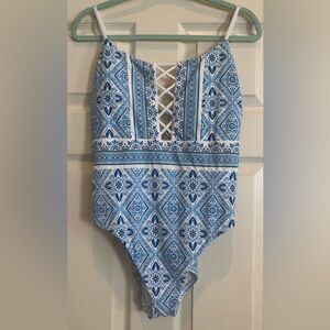NWOT Blue and White Patterned Lace Up One-Piece Swimsuit